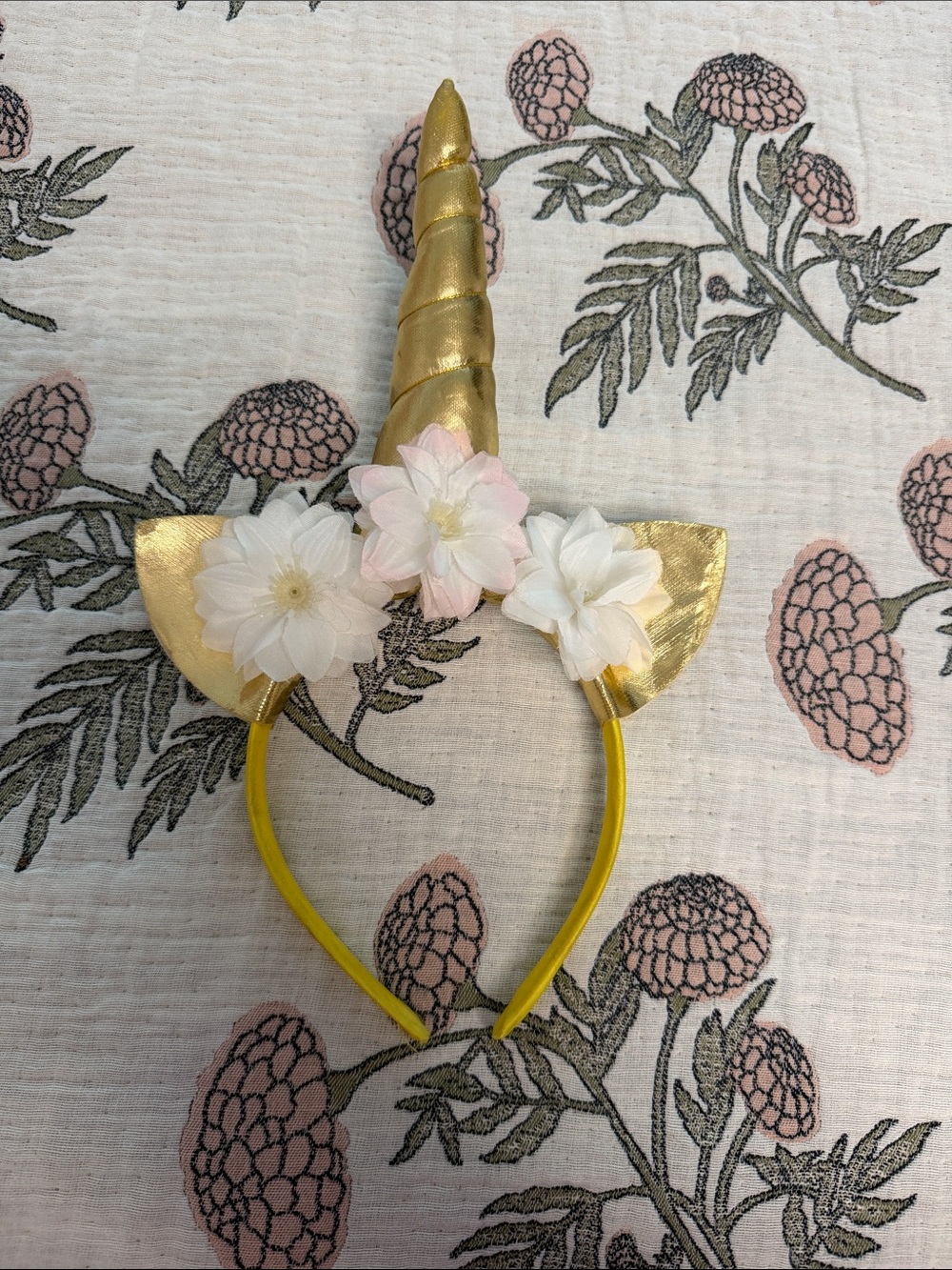 Gold Unicorn Headband with White & Pale Pink Flowers for Kids